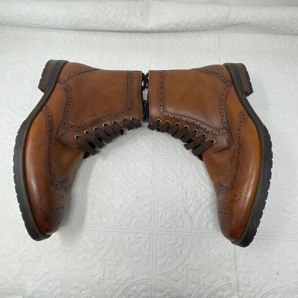 Steve Madden Brown Cognac Leather Lace Up Zip Wingtip Brogue Ankle Boots Size 11